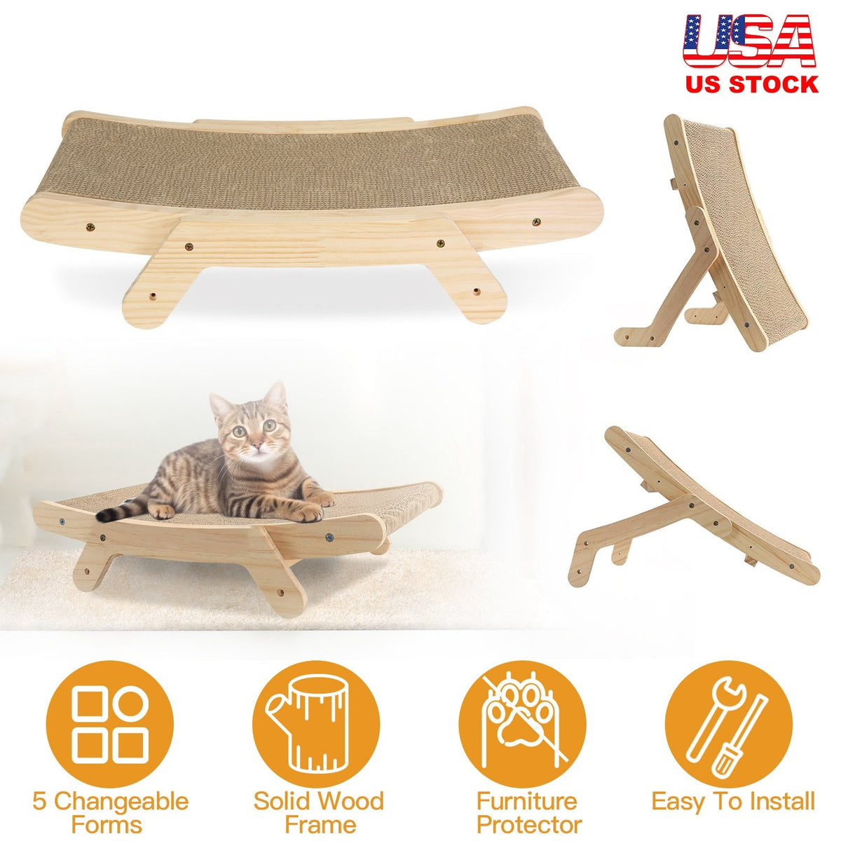 5 Changeable Forms Cardboard Cat Scratcher Double-Sided Cat Scratching Pad With Solid Wood Structure Indoor Reversible Cat Scratcher Lounge
