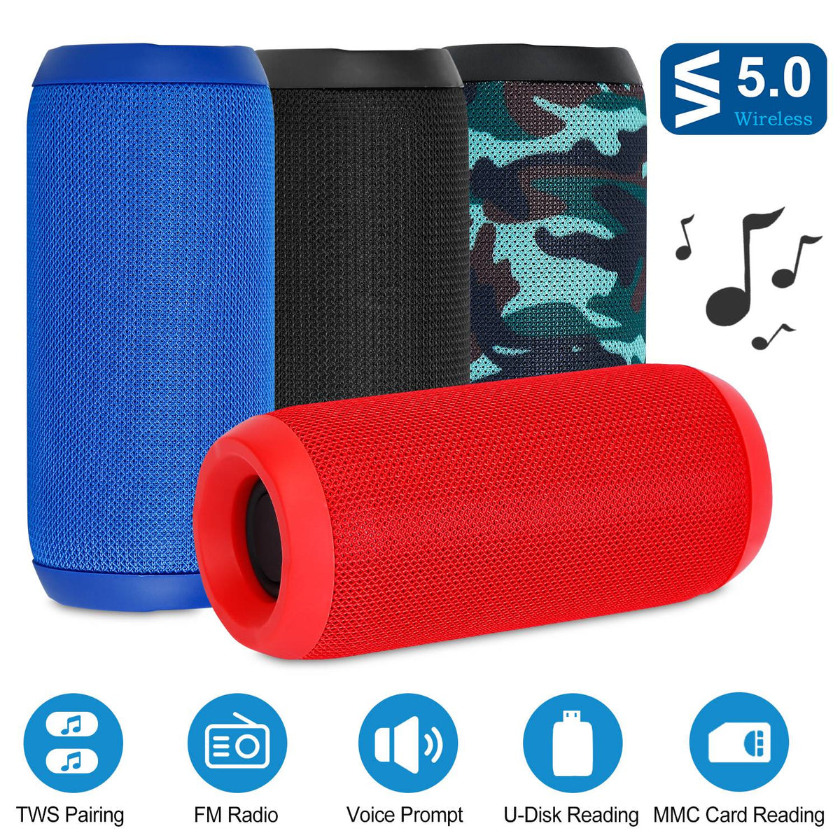 Wireless Speaker Portable TWS Music Speaker IPX5 Waterproof Outdoor Stereo Audio Speaker Support U Disk/MMC Reading FM