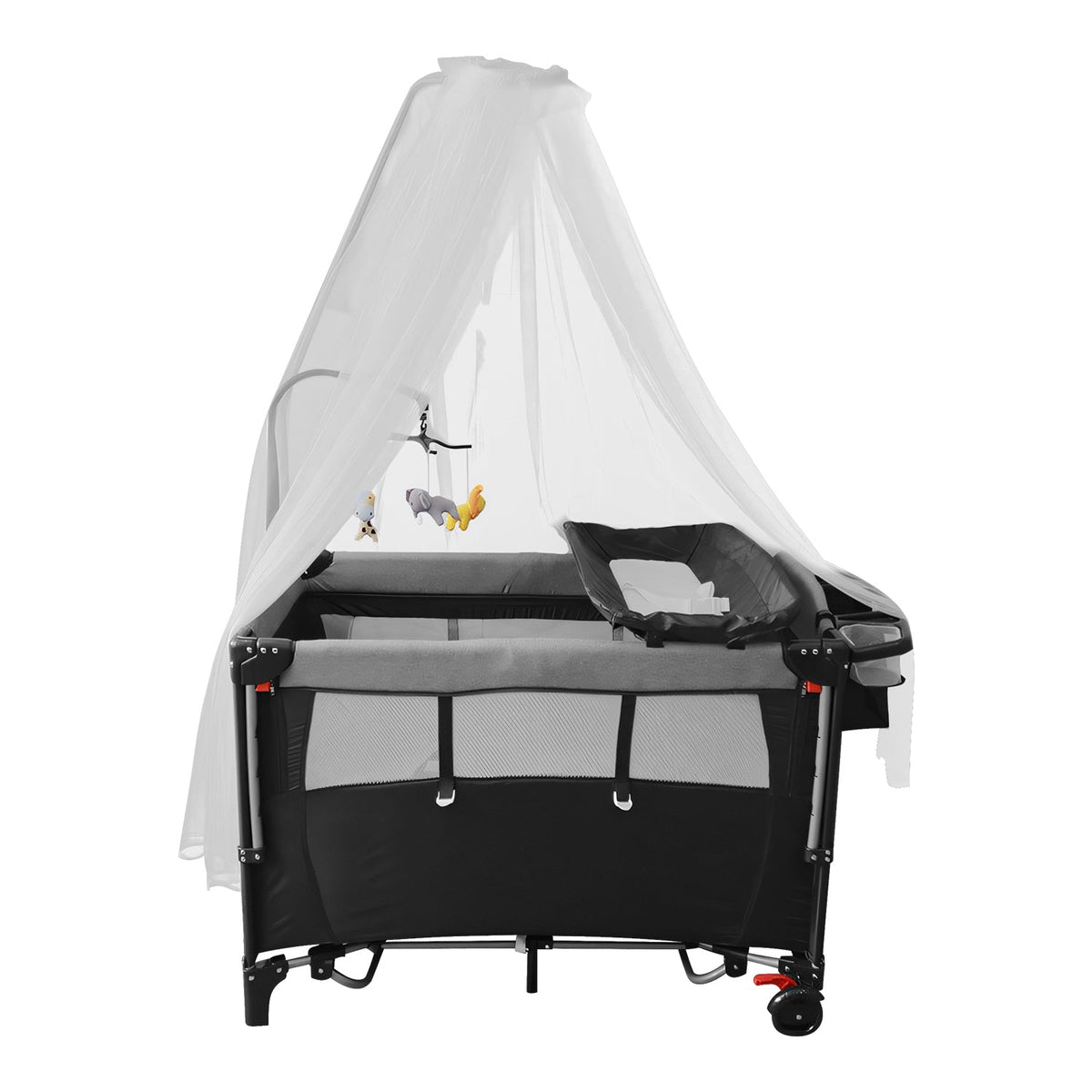 6 In 1 Foldable Baby Crib with Activity Center Diaper Changing Table Mosquito Net Mattress Music Box Toys Storage Tray Baby Bassinet Baby Sleeper