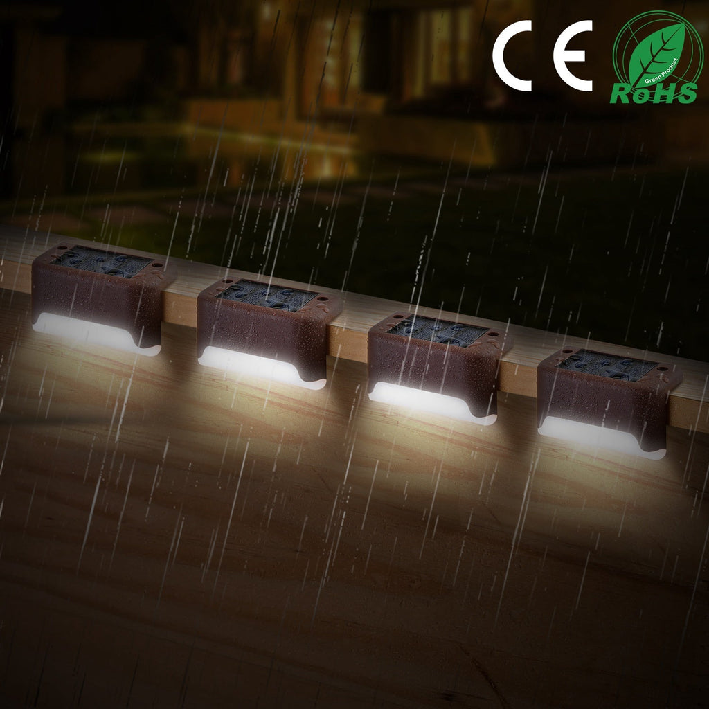 4Pcs Solar Powered LED Step Lights Outdoor IP55 Waterproof Dusk To Dawn Sensor Fence Lamps For Stairs Yard Railing