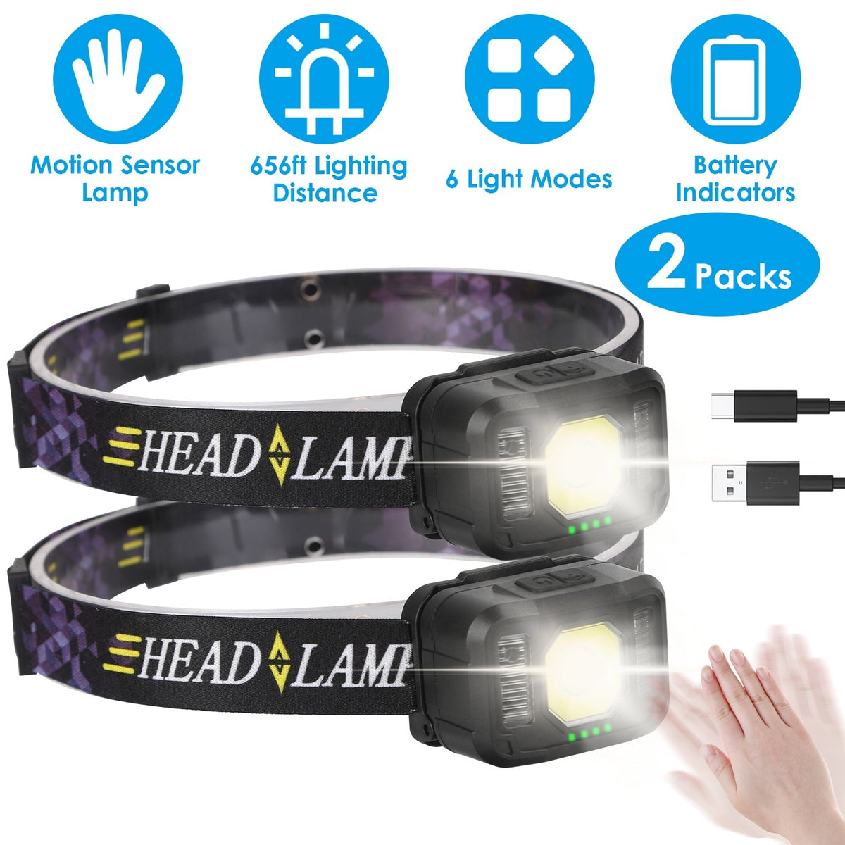 2Packs Rechargeable Motion Sensor Headlamp 6 Light Modes COB XPG Headlight Torch Flashlight for Fishing Running Camping Hiking