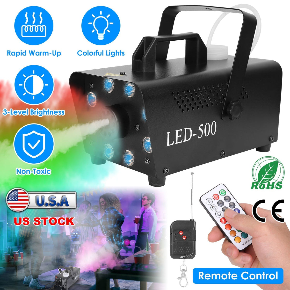 500W Fog Machine 2000CFM Colorful Smoke Machine with 8Pcs LEDs 5 Lighting Effects 3-Level Brightness
