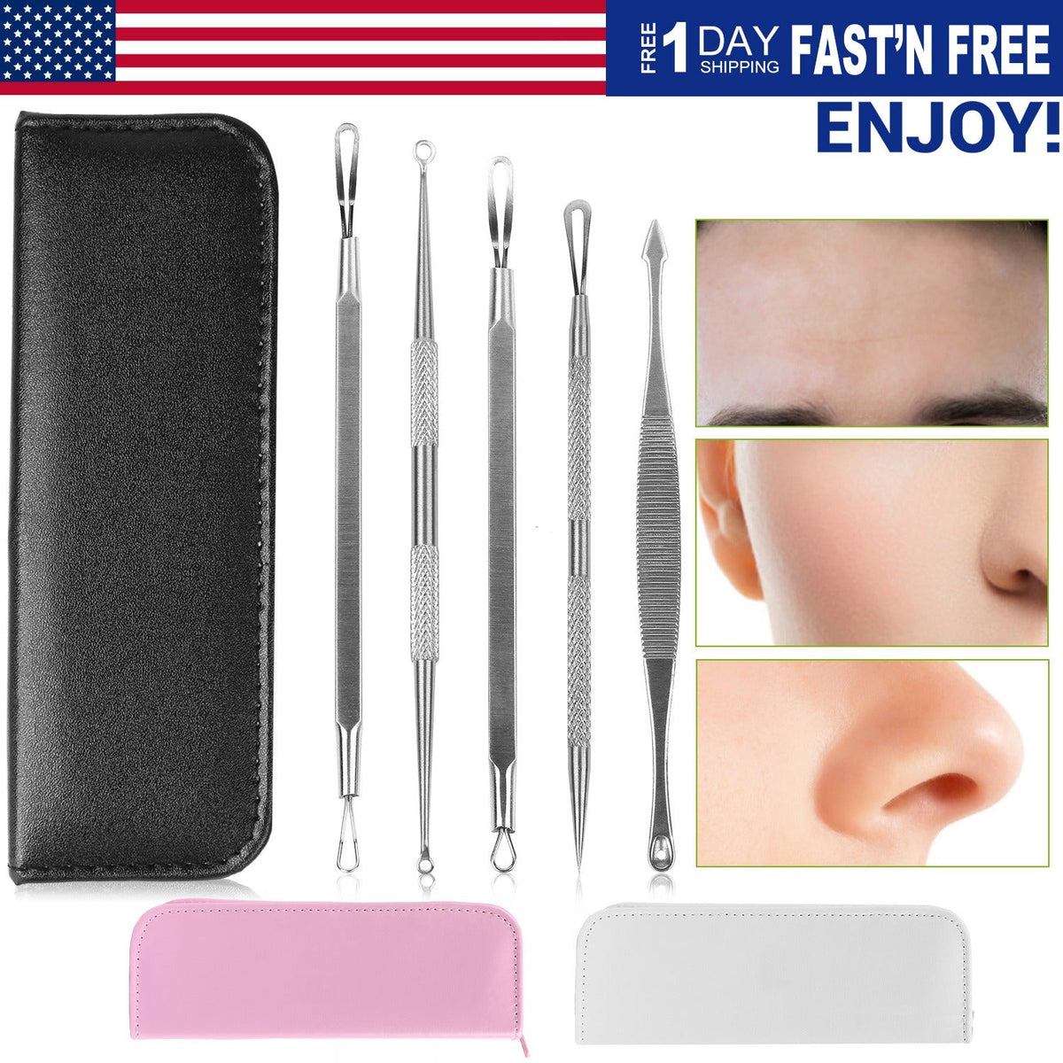 5 Pcs Blackhead Remover Kit Pimple Comedone Extractor Tool Set Stainless Steel Facial Acne Blemish Whitehead Popping Zit Removing for Nose Face Skin C