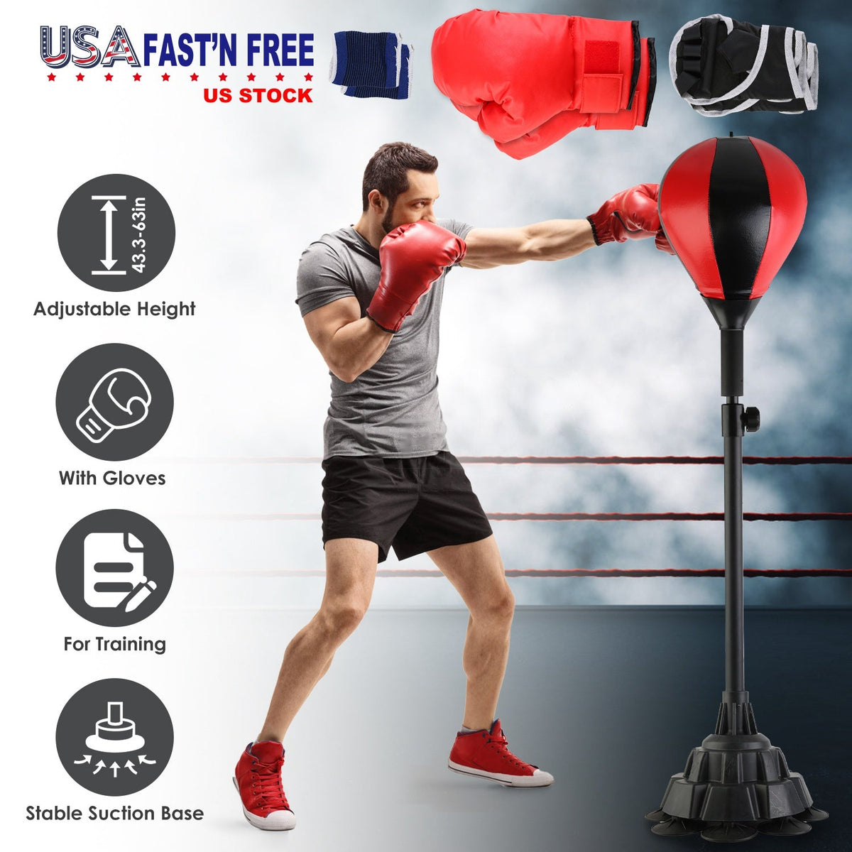Punching Bag with Stand Free Standing Boxing Ball for Adults 43.3-63in Height Adjustable Boxing Bag with Gloves Wrist Sleeves Stable Suction Base for