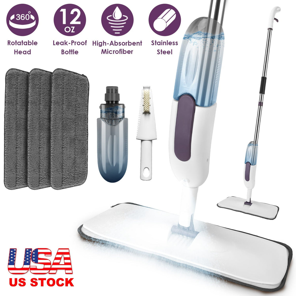 Spray Mop With 3 Machine Washable Microfiber Pads 12OZ Refillable Water Bottle Wet Dry Use Microfiber Mop For Hardwood Ceramic Tiles Laminate Floor Cl