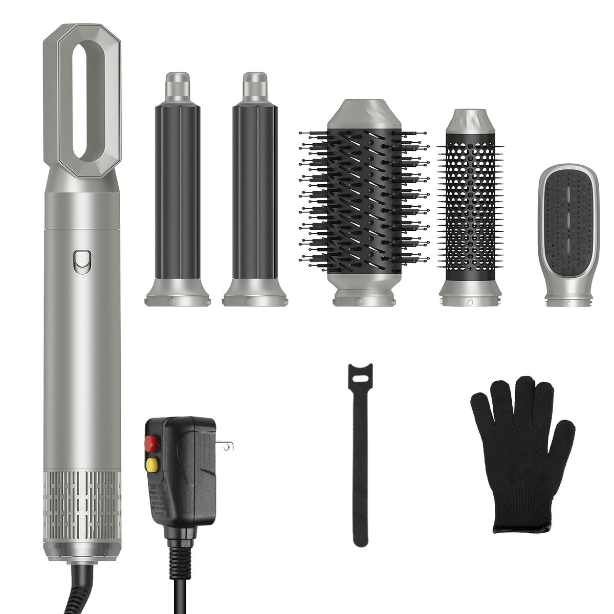 6 In 1 Hot Air Styler Volumizer Straightener Curler Dryer Automatic Wrap Styler Hair Dryer Brush Set with 3 Temp Settings ALCI Plug Glove Cable Zip Ti