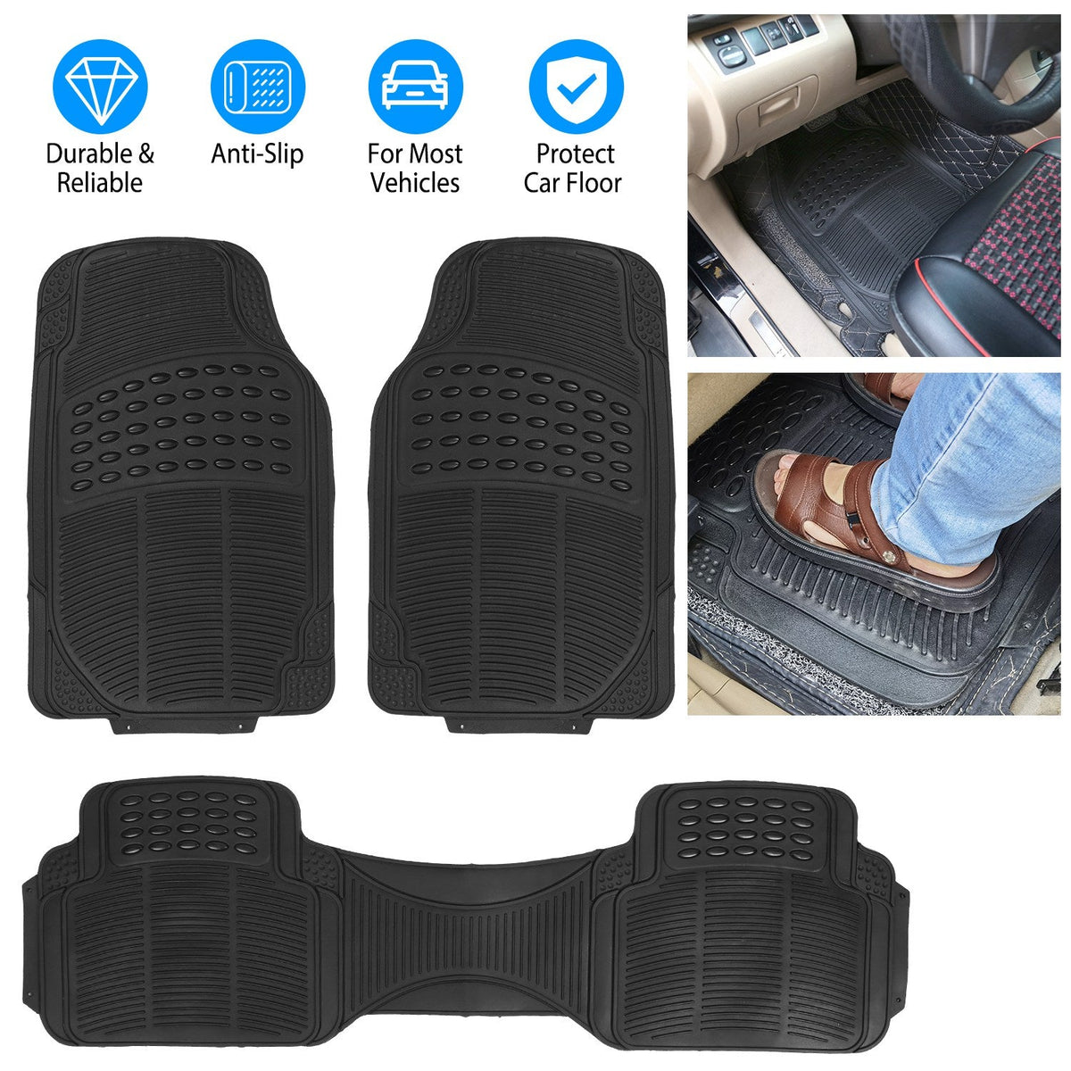 3Pcs Automotive Floor Mats Set Front Rear PVC Rubber Floor Mats Heavy Duty Drive Vehicle Car Mats with Trimmable Design Fit Most Cars SUVs Trucks