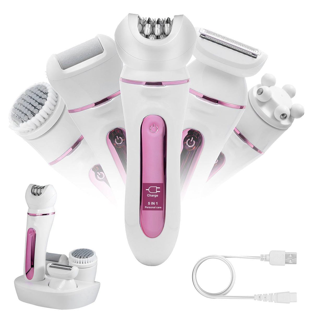 5 In 1 Electric Body Epilator Rechargeable Women\'s Grooming Kit Epilator Shaver Facial Brush Callus Remover 5-Point Massager with LED Light LED Displ