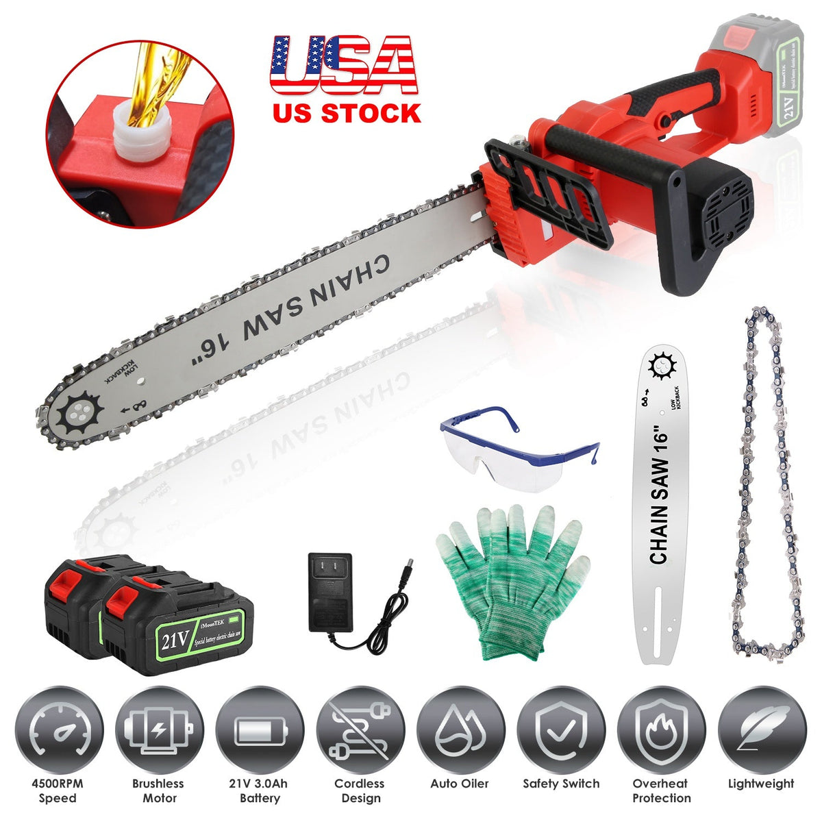 16Inch Electric Cordless Chainsaw With 2Pcs 21V 3.0Ah Battery and Charger Brushless Battery Operated Handheld Chainsaw With Auto Oiler Safety Switch f