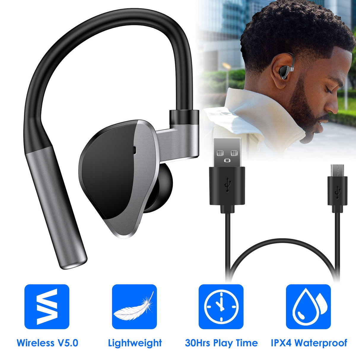 Unilateral Wireless Earpiece Rechargeable Wireless in-Ear Headset with Hook for Car Driving Phone Call Office