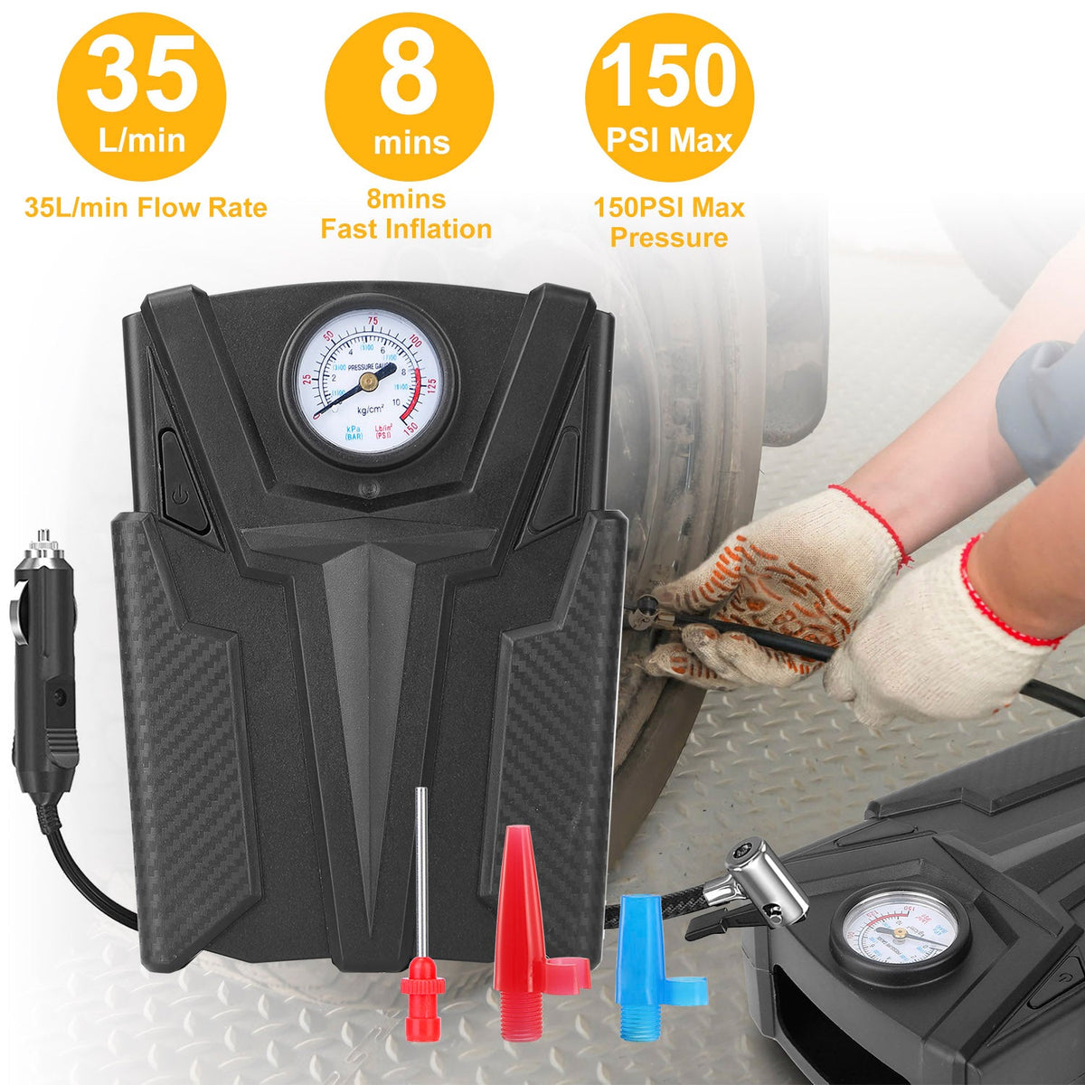 Car Tire Air Pump Portable Air Compressor Pump DC 12V Car Tire Inflator Pump For Bicycle Motorcycle w/ Pointer