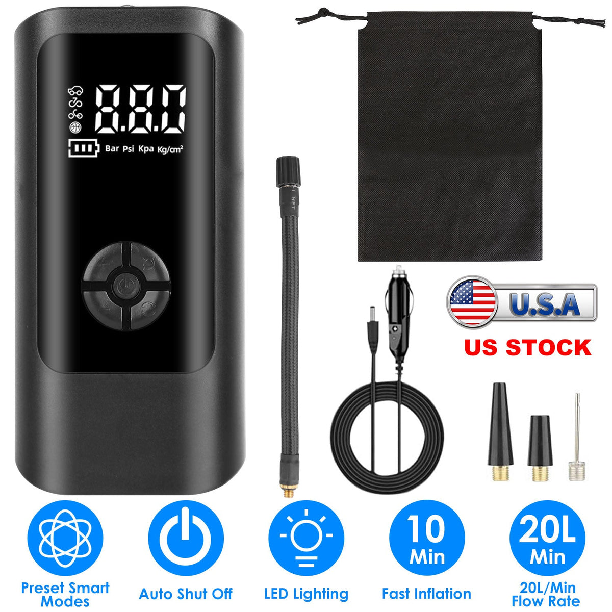 Car Tire Inflator Pump Portable Car Air Compressor Corded Electric Air Pump With LED Light