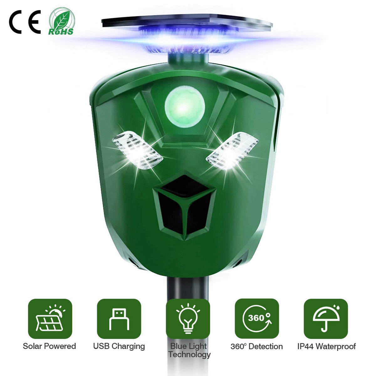 Electric Solar Powered Ultrasonic Animal Repeller 360¡ Ultrasonic Animal Driver with Motion Sensor LED Flashing Lights Waterproof Outdoor Animal Repel