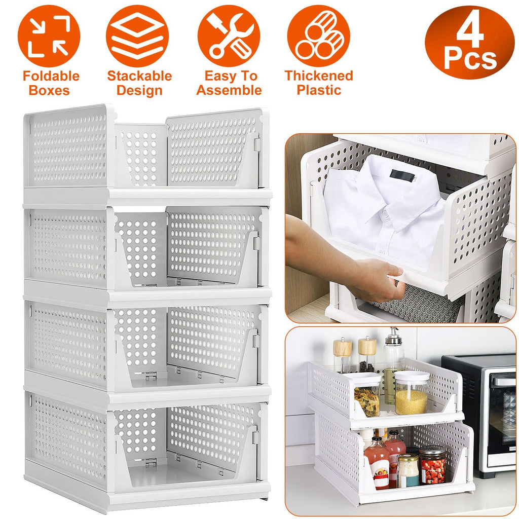 4 Packs Plastic Storage Box Closet Organizer Foldable Storage Bin Stackable Drawer with Slide Rail Push-Pull Storage Basket for Living Room Bedroom Wa