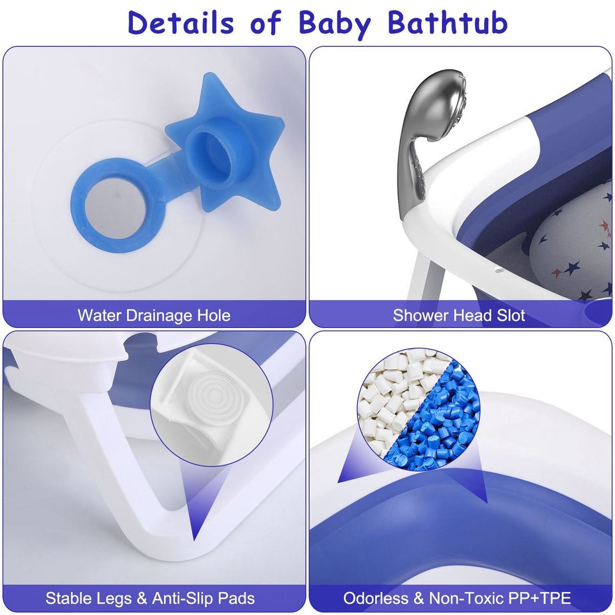 Baby Bath Tub with Thermometer Collapsible Travel-Friendly 0-24Months Baby Bathtub with Drain Hole For Newborn Infant Toddler Odorless Non-Toxic Folda