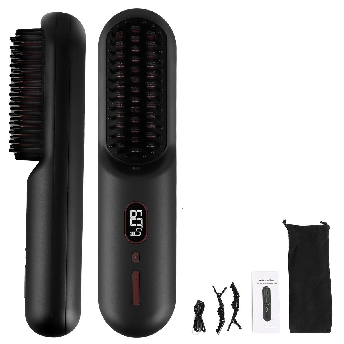 Cordless Negative Ion Hair Straightener Brush Rechargeable Mini Styling Comb with 12 Heating Levels Anti-scald 30S Preheating 30Mins Auto Sleep LCD Di