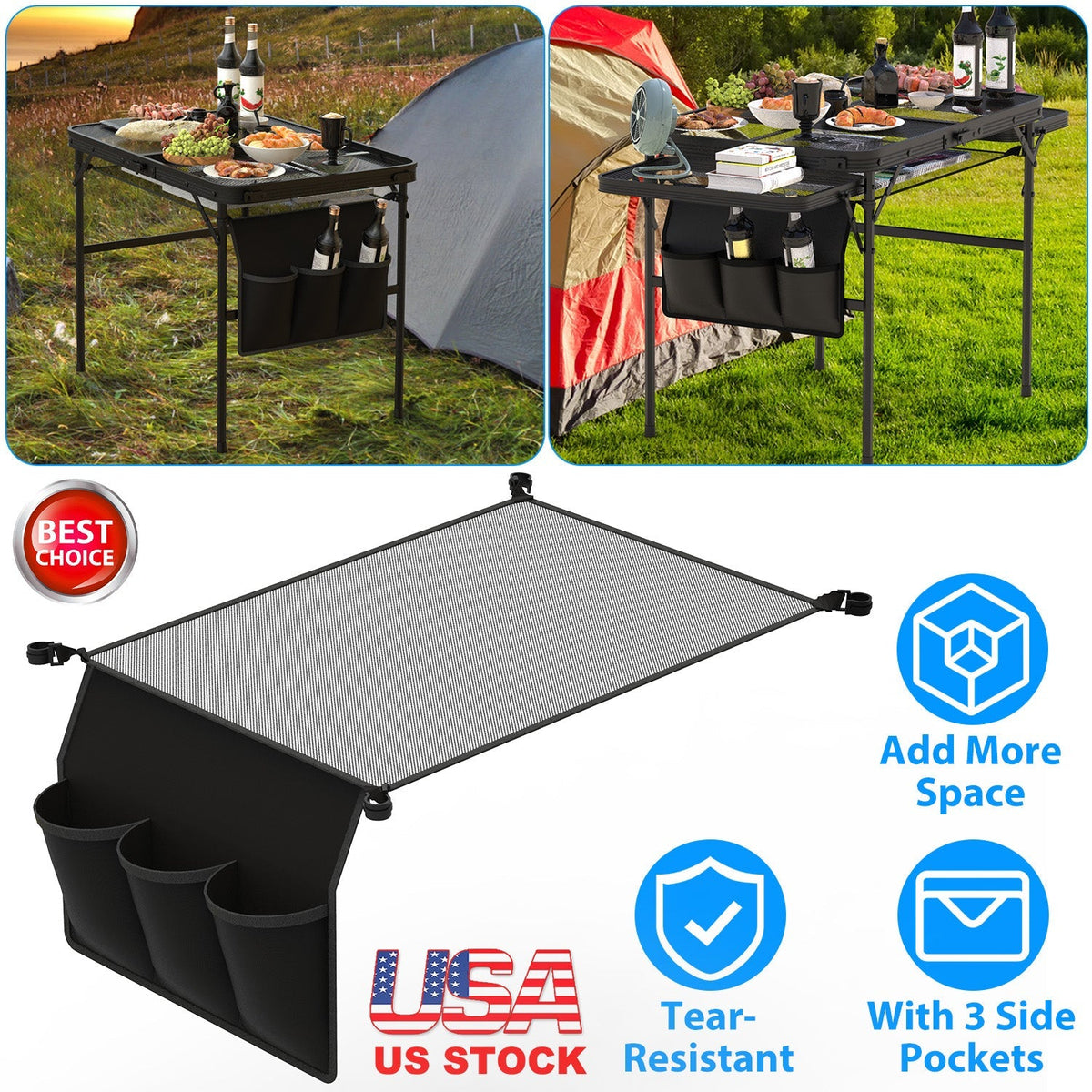 Hanging Storage Net for 35.43x23.62 Camping Table Under Table Folding Net Bag Tear-Resistant with 3 Side Pockets 4 Corner Clips for Camping Hiking Fis