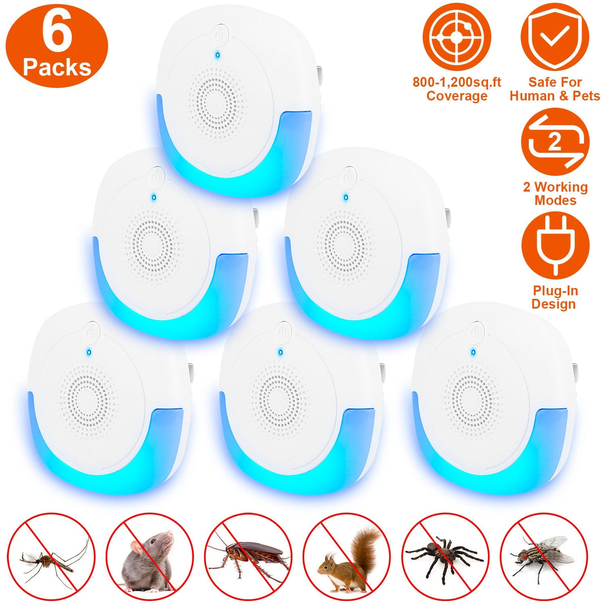 6 Packs Ultrasonic Pest Repellers Plug-In Indoor Pest Control Mouse Repellent Chaser Deterrent for Home Kitchen Office Warehouse Hotel