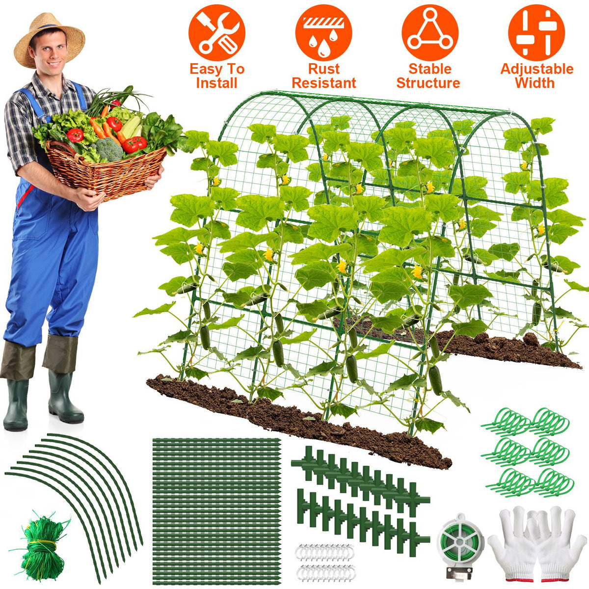 Cucumber Trellis for Raised Bed Arch Garden Trellis for Climbing Plants Vine Vegetables Fruit Flower Grape U-Shaped Frame with Climbing Net Tunnel Pla