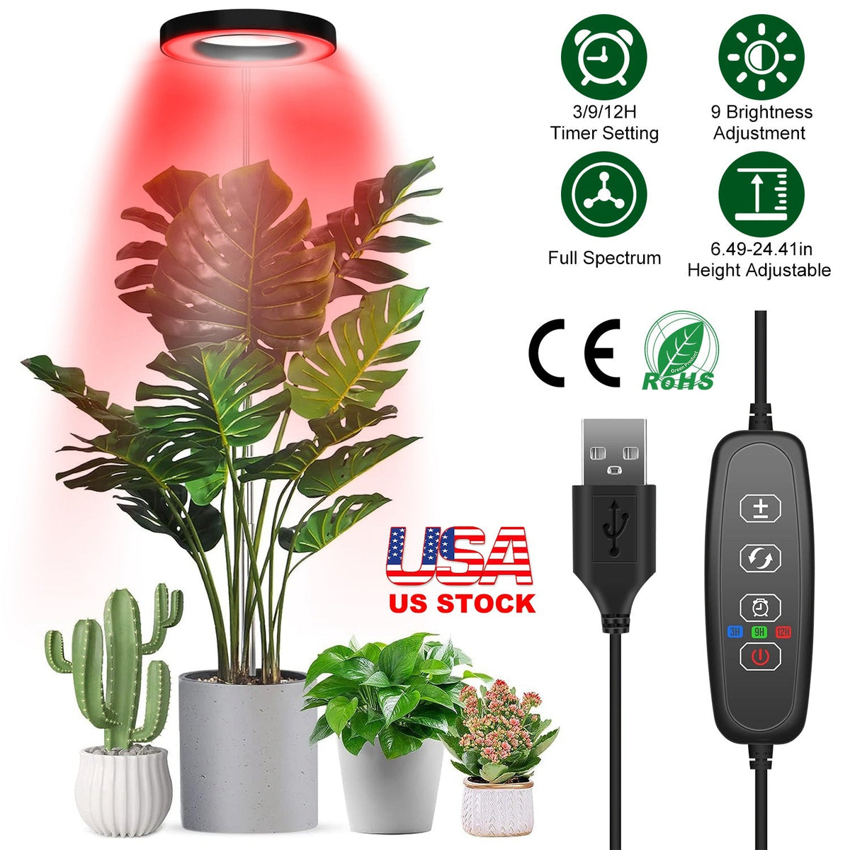 Plant Grow Light LED Full Spectrum Circle Growing Lamp with 3/9/12Hours Auto Timer Setting 9 Dimmable Brightness Height Adjustable for Indoor Plants