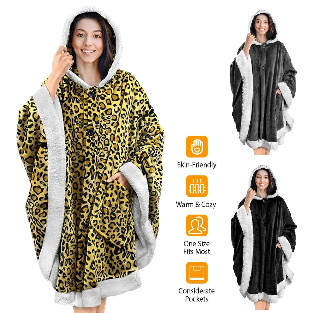 Hoodie Blanket Wrap Wearable Hoodie Snuggle Robe Sweatshirt Soft Lined Cuddle Poncho Cape w/ Hat 2 Pockets Buttons