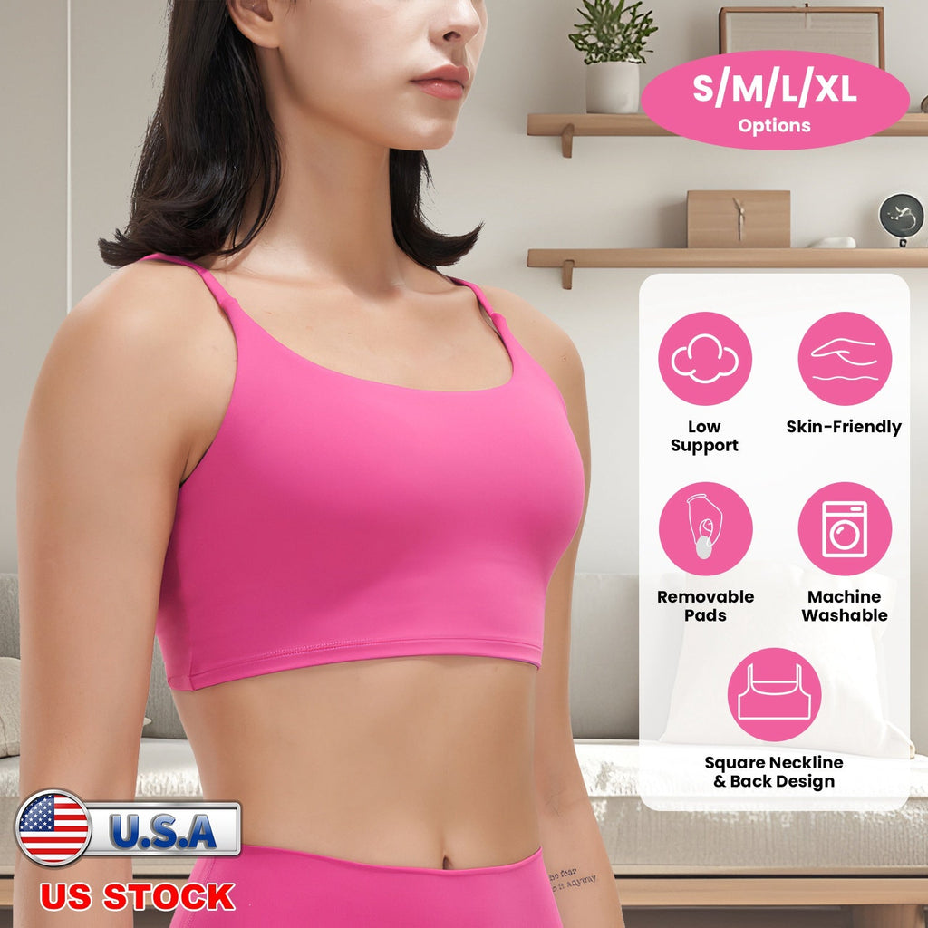 Women Strap Sport Bras Padded StrappyÊCrop Square Neck Low Impact Bras SexyÊFitnessÊTank Tops with Removable Pads Flat Straps for Gym Yoga Workout Run