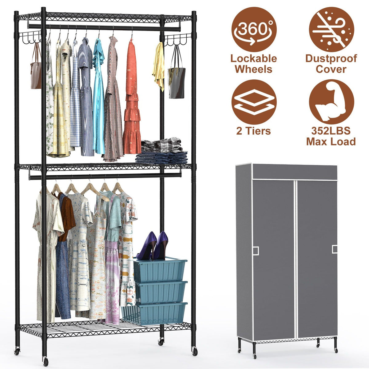 2 Tier Clothing Rack With Cover Portable Wardrobe Closet Covered Garment Rack with 4 Wheels 2 Hanging Rods 2 Hook Racks 35.43x17.13x72.44in