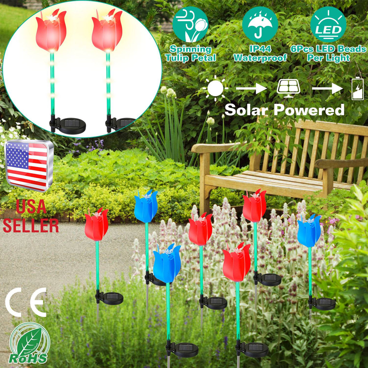 2Pcs Solar Powered Tulip Garden Light Wind Mill Waterproof Landscape Stake Lamp Decorative Lawn Lights For Yard Driveway Walkway Patio