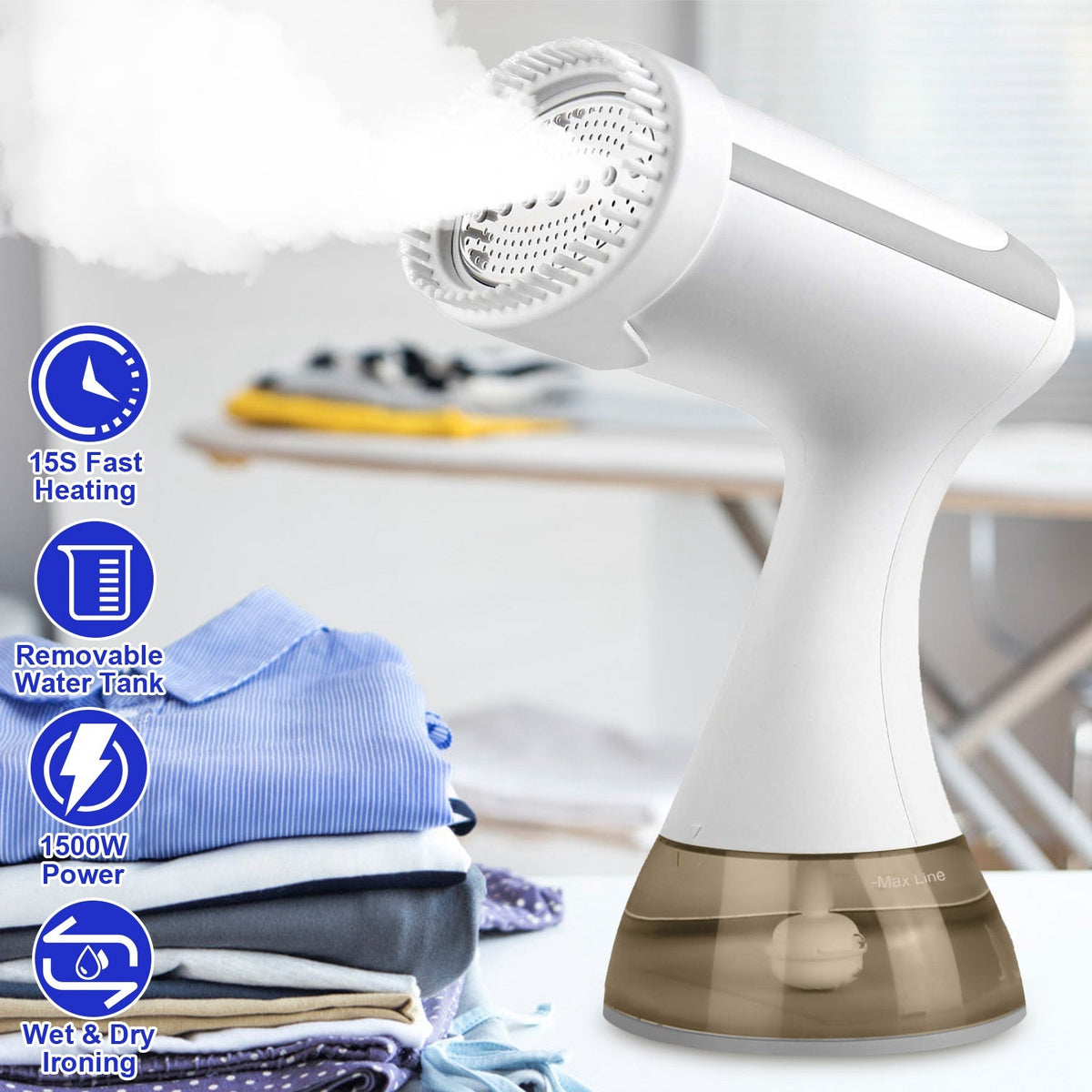 1500W Garment Steamer Portable Handheld Fabric Steamer with Lint Brush Removable 350ML Water Tank Wet Dry Ironing for Home Travel Office