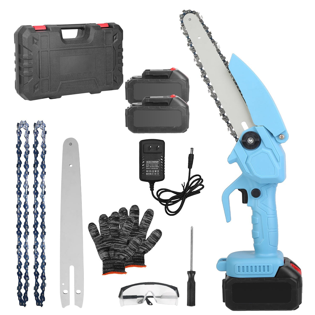 Electric Mini Chainsaw Portable Handheld Cordless Small Chain Saw Battery Powered with 2Pcs 1200mAh Rechargeable Batteries 8in Chains Gloves Goggles f