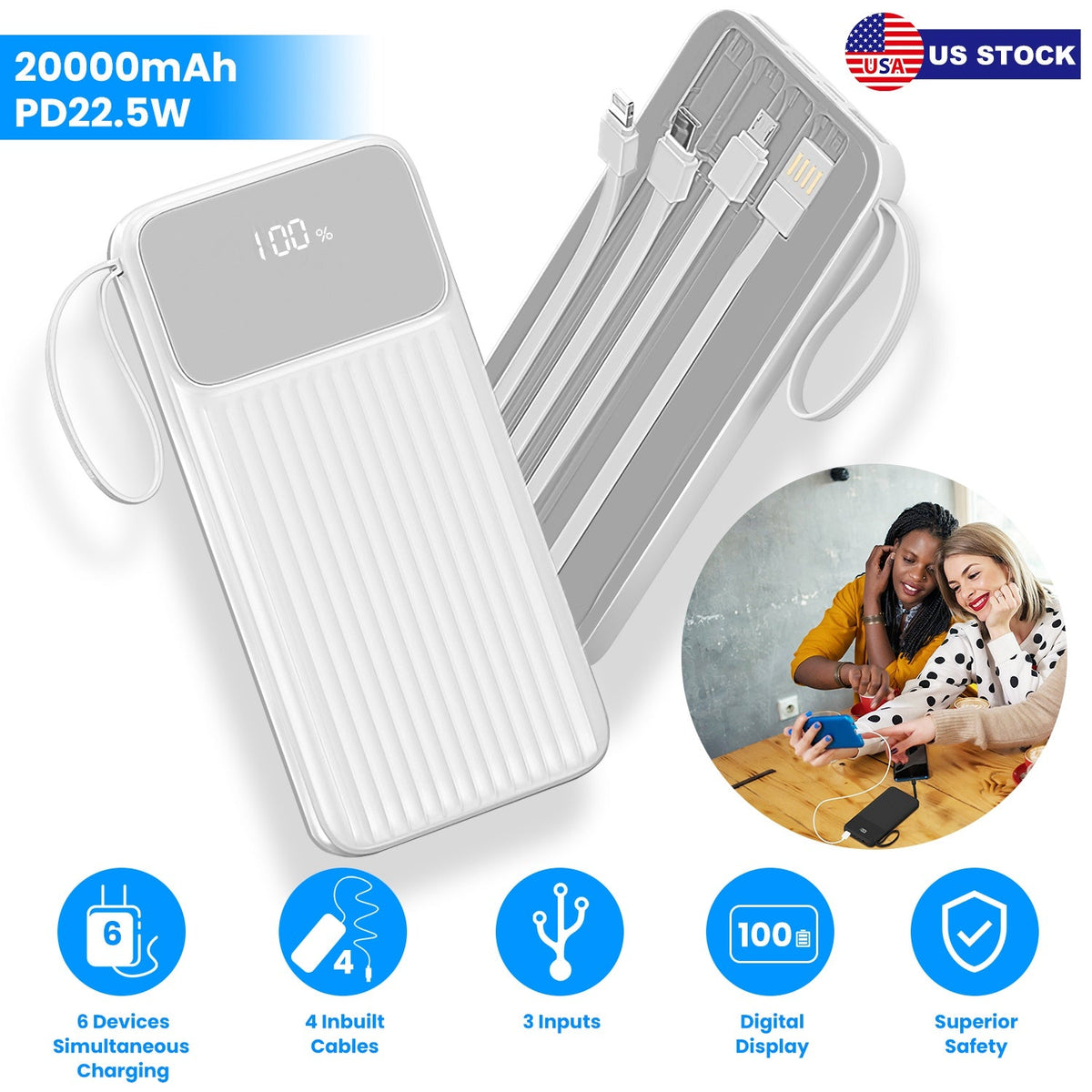 PD22.5W Fast Charger 20000mAh Fast Charging Power Bank Portable Charger with 4 Inbuilt Cables Digital Display Handle Fit For IOSPhone 15/14 Android An
