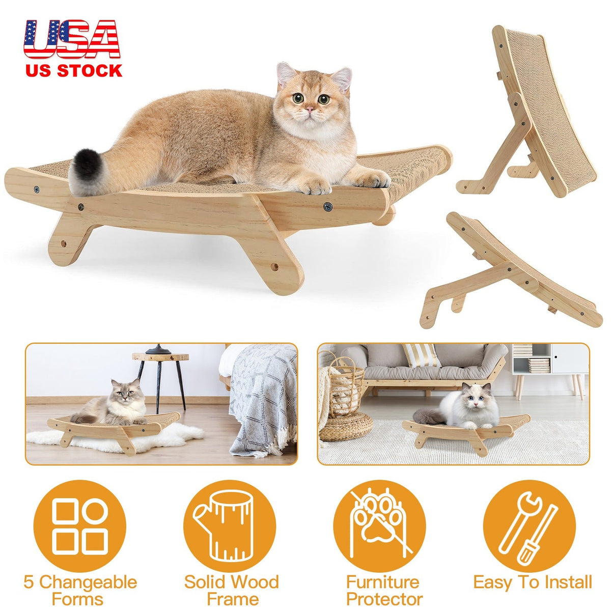 5 Changeable Forms Cardboard Cat Scratcher Double-Sided Cat Scratching Pad With Solid Wood Structure Indoor Reversible Cat Scratcher Lounge
