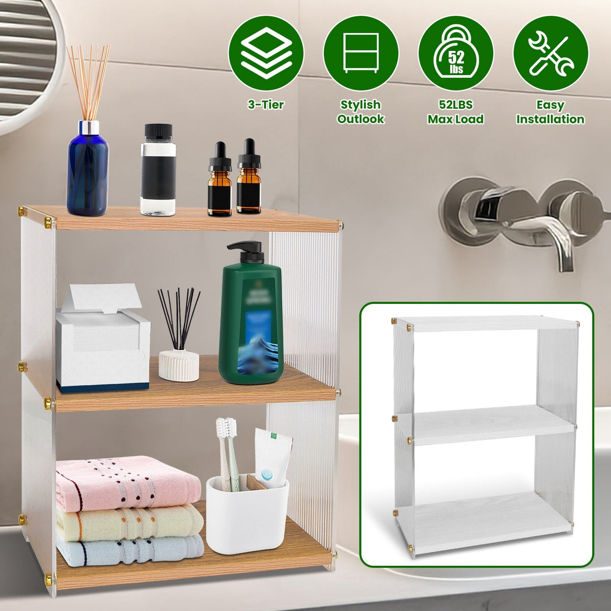3-Tier Acrylic Countertop Organizer Bathroom Wood Counter Storage Rack Standing Vanity Cosmetics Shelf Cup Holder Desk Display Shelves