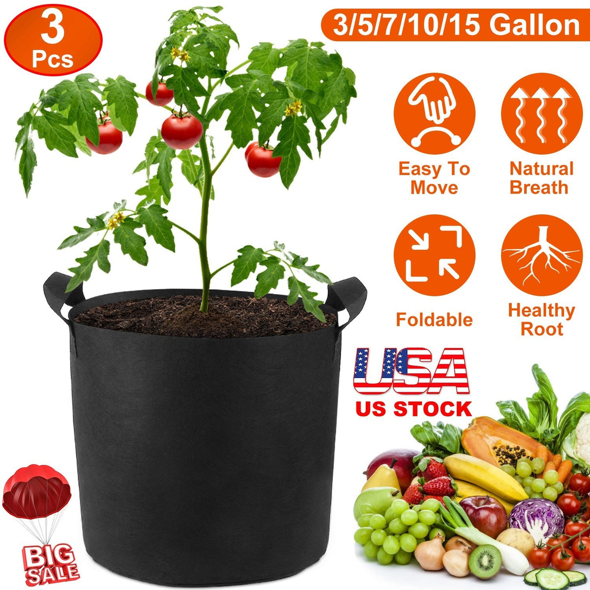 3 Pack Plant Grow Bags Potato Vegetable Planter Bags Breathable Planting Fabric Pots 7Gallons