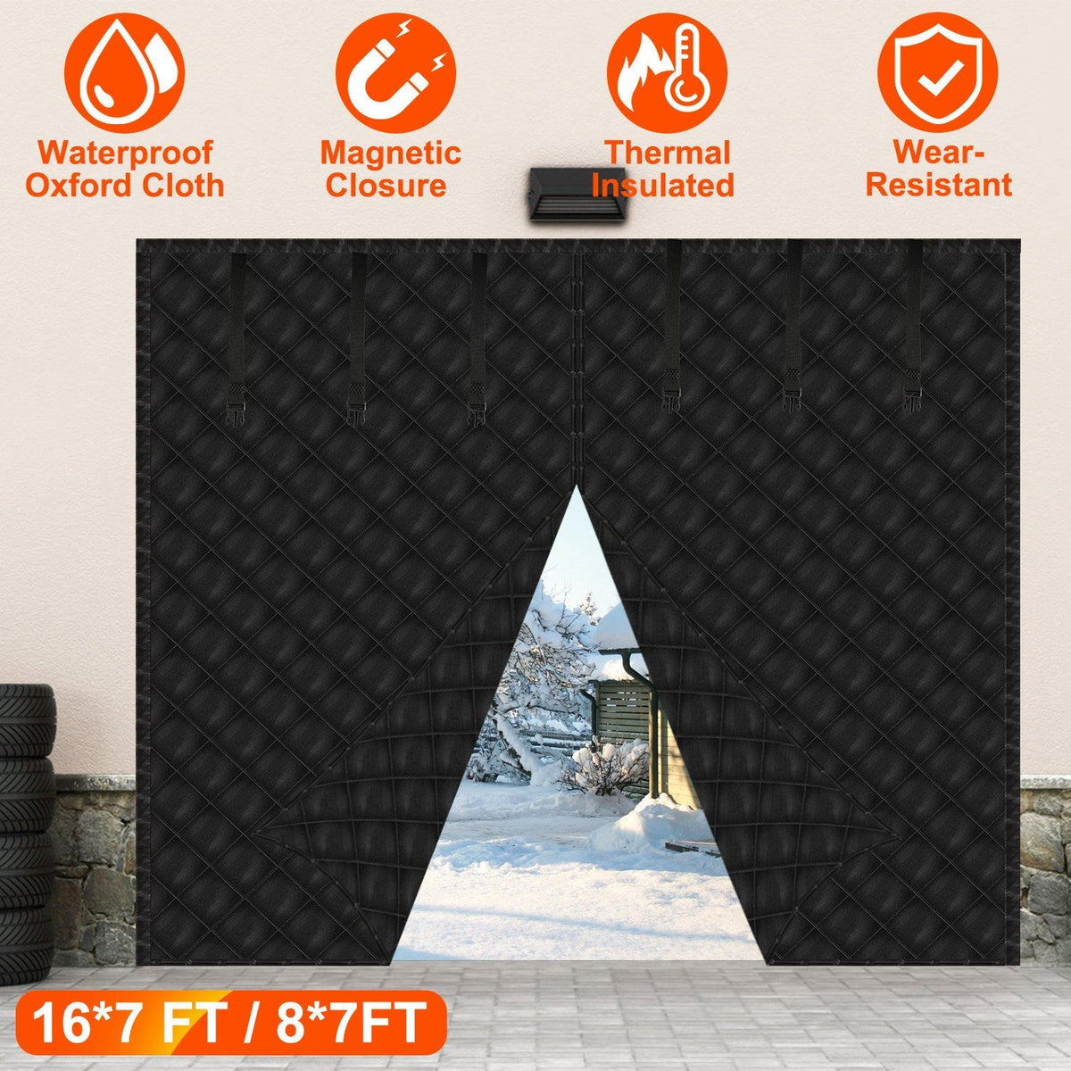 8*7FT Magnetic Thermal Insulated Garage Door Curtain for Winter Singe-Car Garage Screen with Magnetic Closure 6 Roll Up Buckle Straps for One Cars Wea