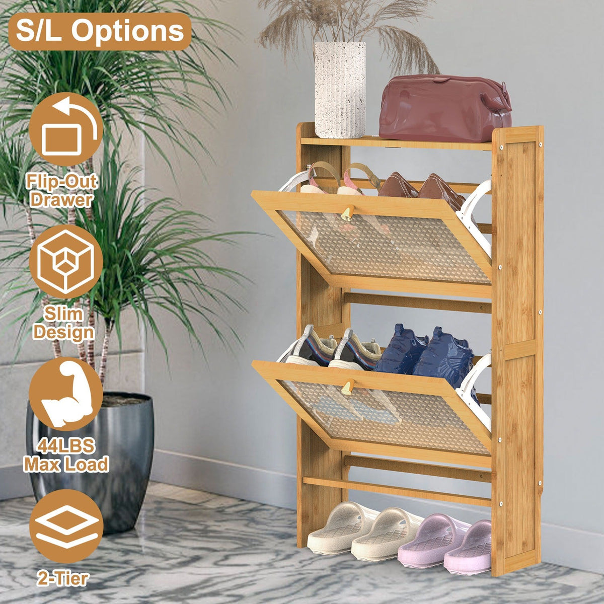 2-Tier Shoe CabinetÊwith 2 Flip Drawers Slim Bamboo Shoe Rack Freestanding Narrow Shoe Organizer with 44lbs Max Load for Entryway Hallway