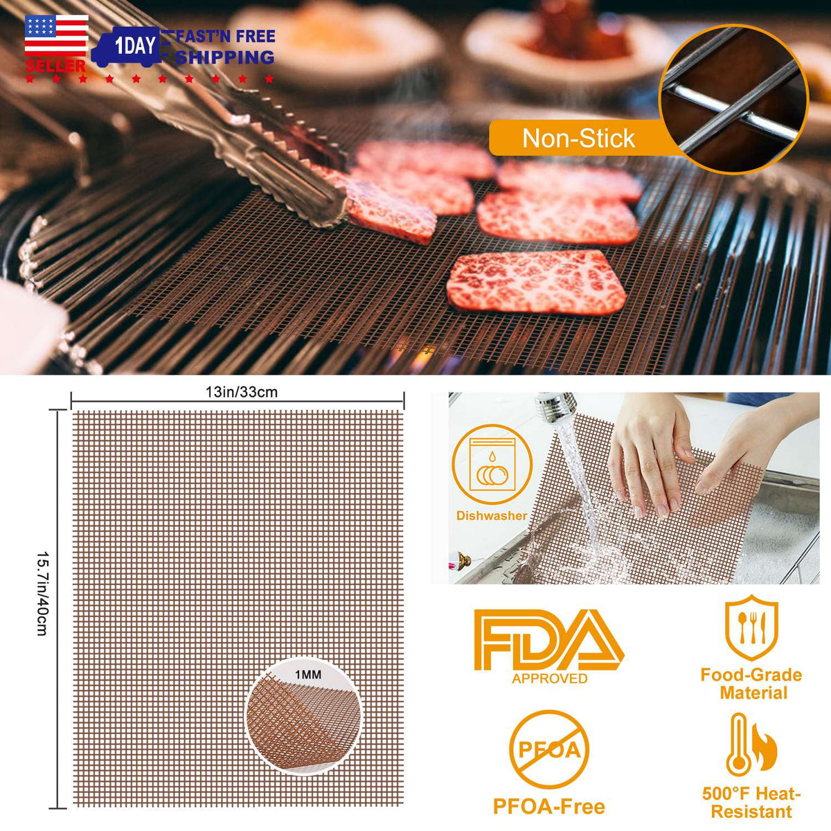 BBQ Grill Mat Non-Stick Mesh Mat Baking Sheet Liner Reusable Reversible Washable for Outdoor Gas Charcoal