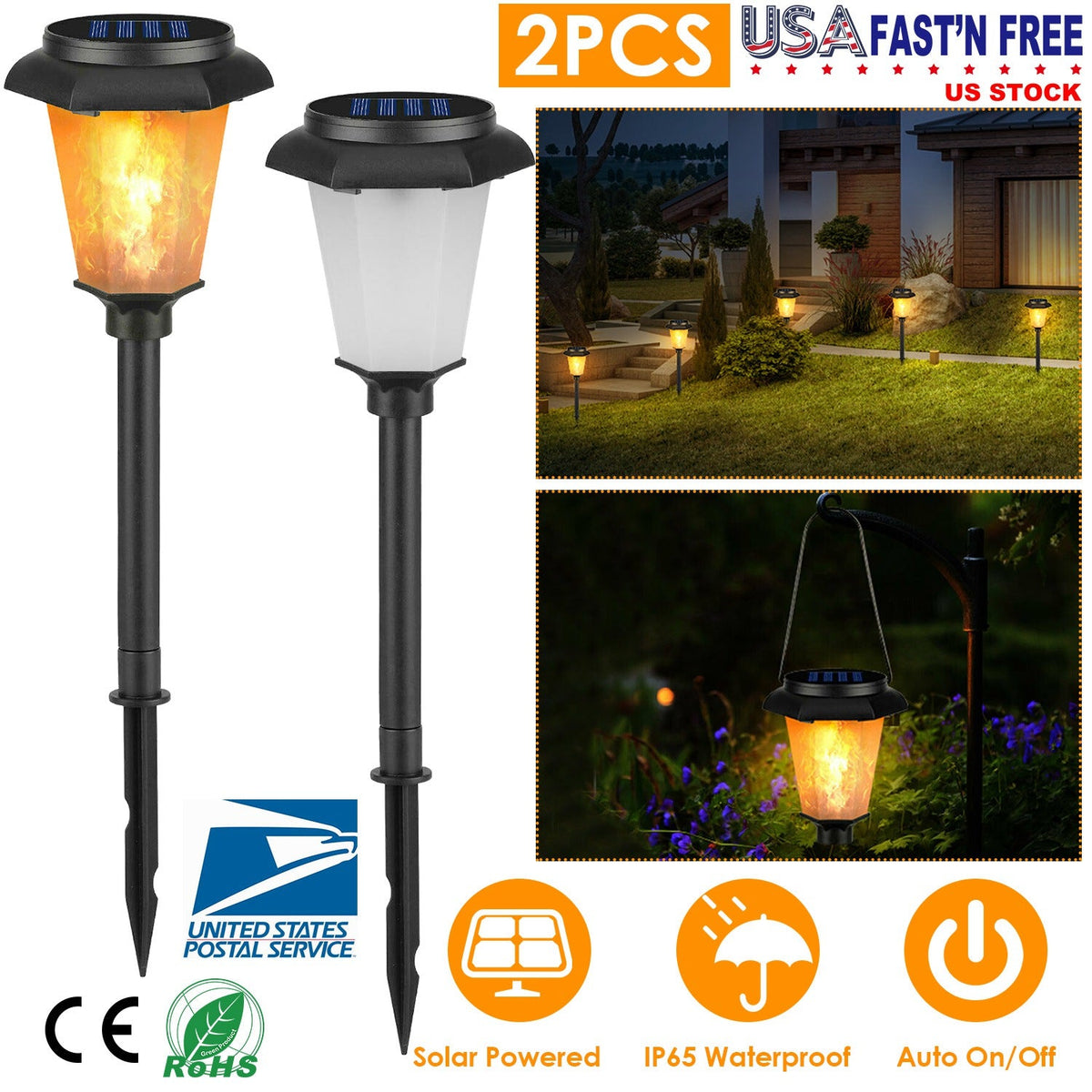 2Pcs Solar Flame Torch Light IP65 Waterproof Flickering Flame Stake Lamp Decorative Landscape Lamp For Garden Path Yard