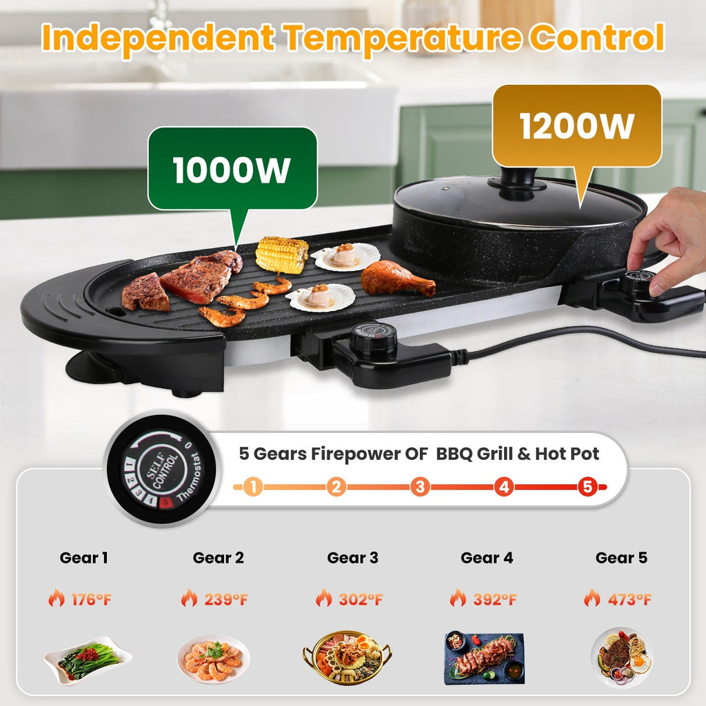 2 in 1 Electric Hot Pot with BBQ Grill Cooker 2200W Smokeless Non-Stick Korean BBQ Grill Shabu Shabu Hot Pot with Independent Temperature Control 5 Ge