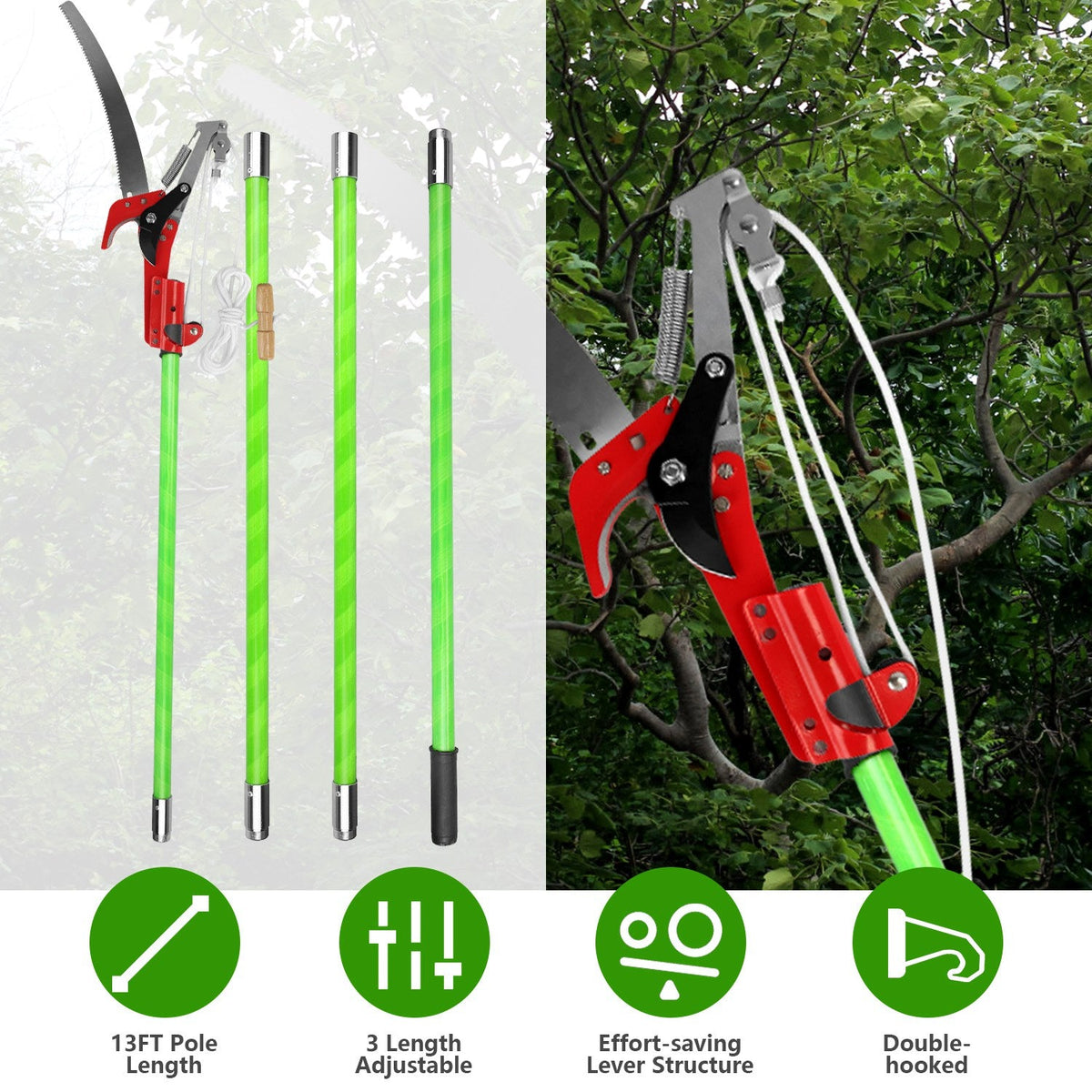 2 In 1 Extra Long Manual Pole Saw 8.23-15.12FT Extendable Tree Pruner for High Branches with Pruner Scissors 2 Double-hooked Saw Blades Goggles Gloves