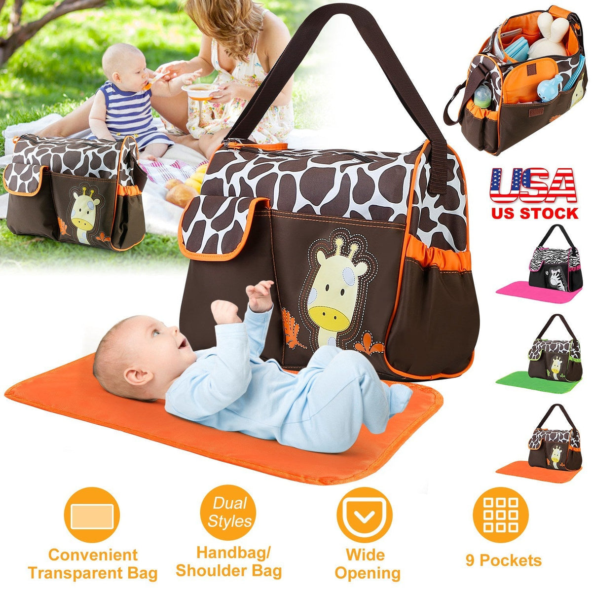 Baby Nappy Diaper Bags Mummy Diaper Duffel Shoulder Bags w/ Wipeable Diaper Changing Pad Transparent Bag Travel Tote Handbags For Overnights