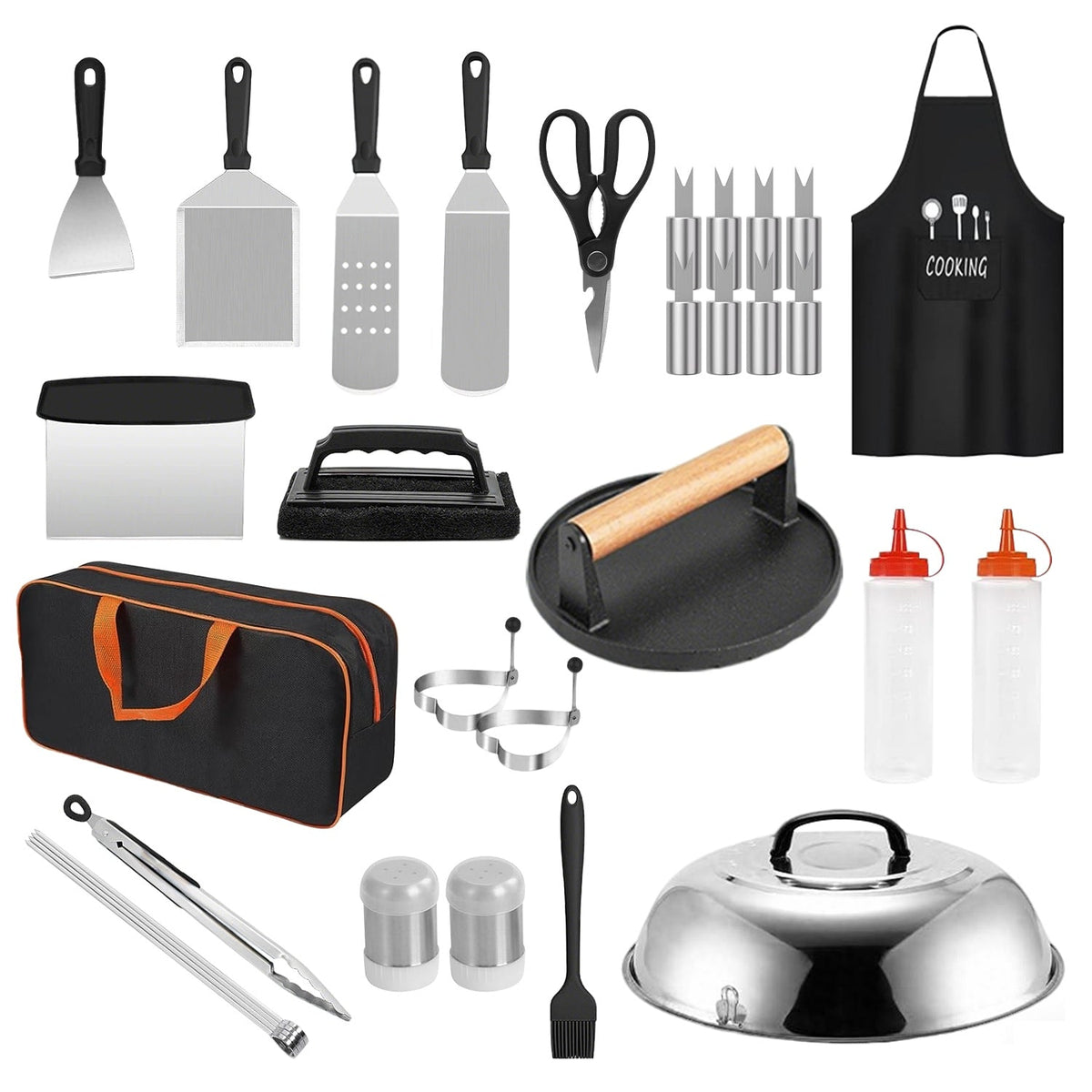 31Pcs Griddle Accessories Kit Flat Top Grill Accessories For Camp Chef with Spatulas Griddle Press Basting Cover Spice Shakers Vegetable Forks Steel S
