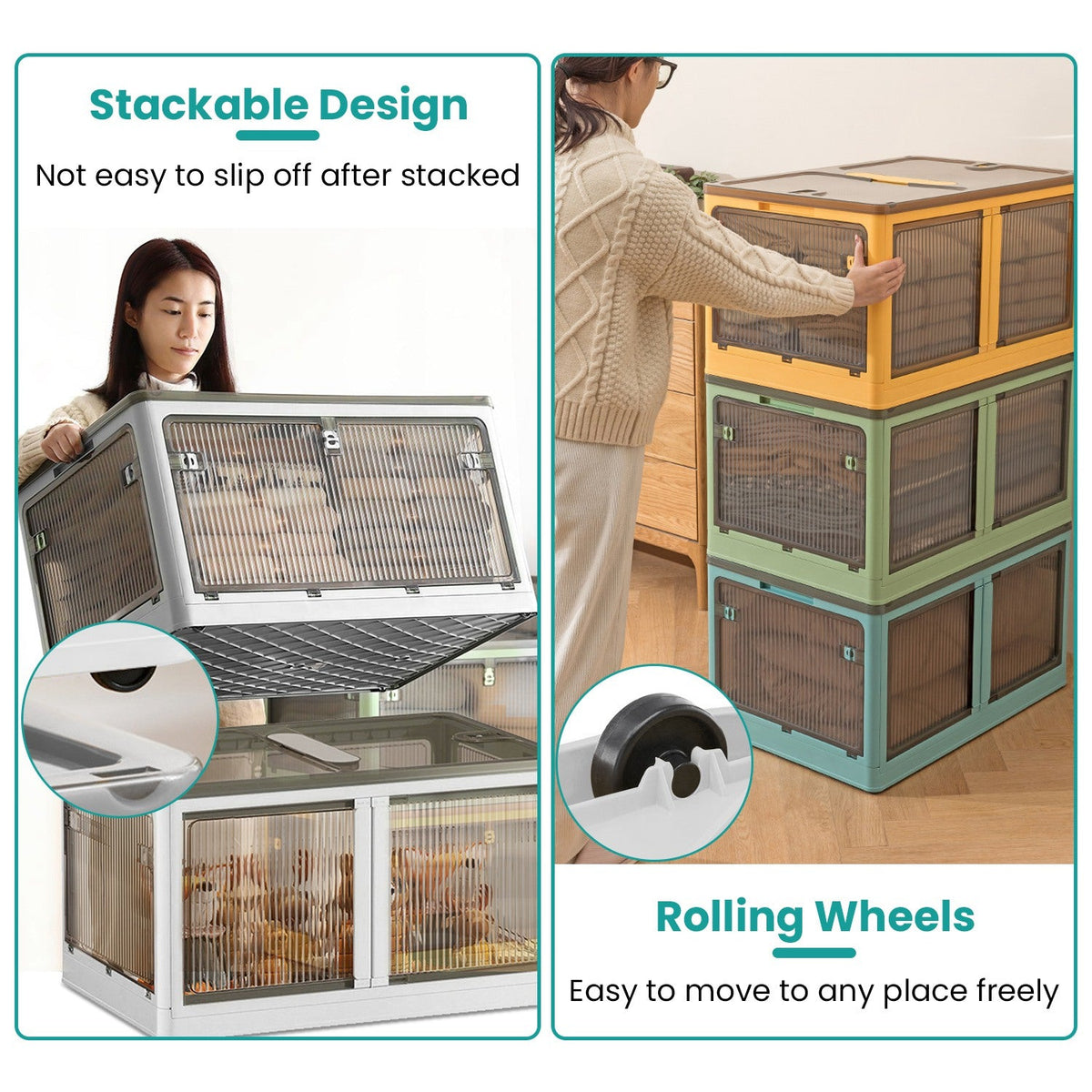 3Pcs Foldable Storage Bins with Lid 4 Doors Collapsible Stackable Closet Organizer Containers with Lock 4Pcs Wheels