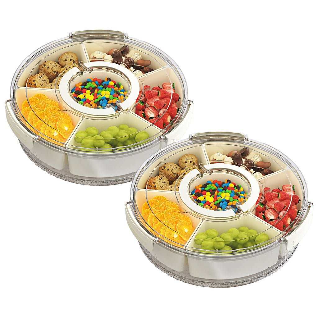2Pcs Divided Serving Tray with Lid and Handle 360¡ Rotatable Snack Box Container with 6 Dividers Clear Portable Snack Platters for Fruit Candy Nut Sna
