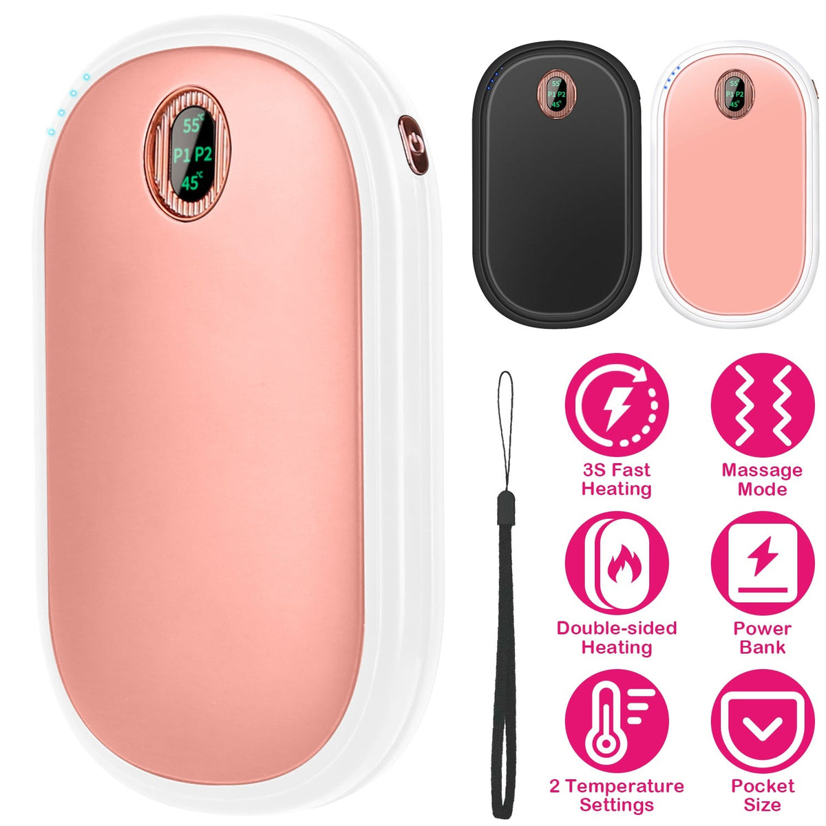 Rechargeable Hand Warmer Electric Hand Heater Portable Reusable Pocket Warmer Power Bank with Digital Display 2 Levels Double-sided Heating