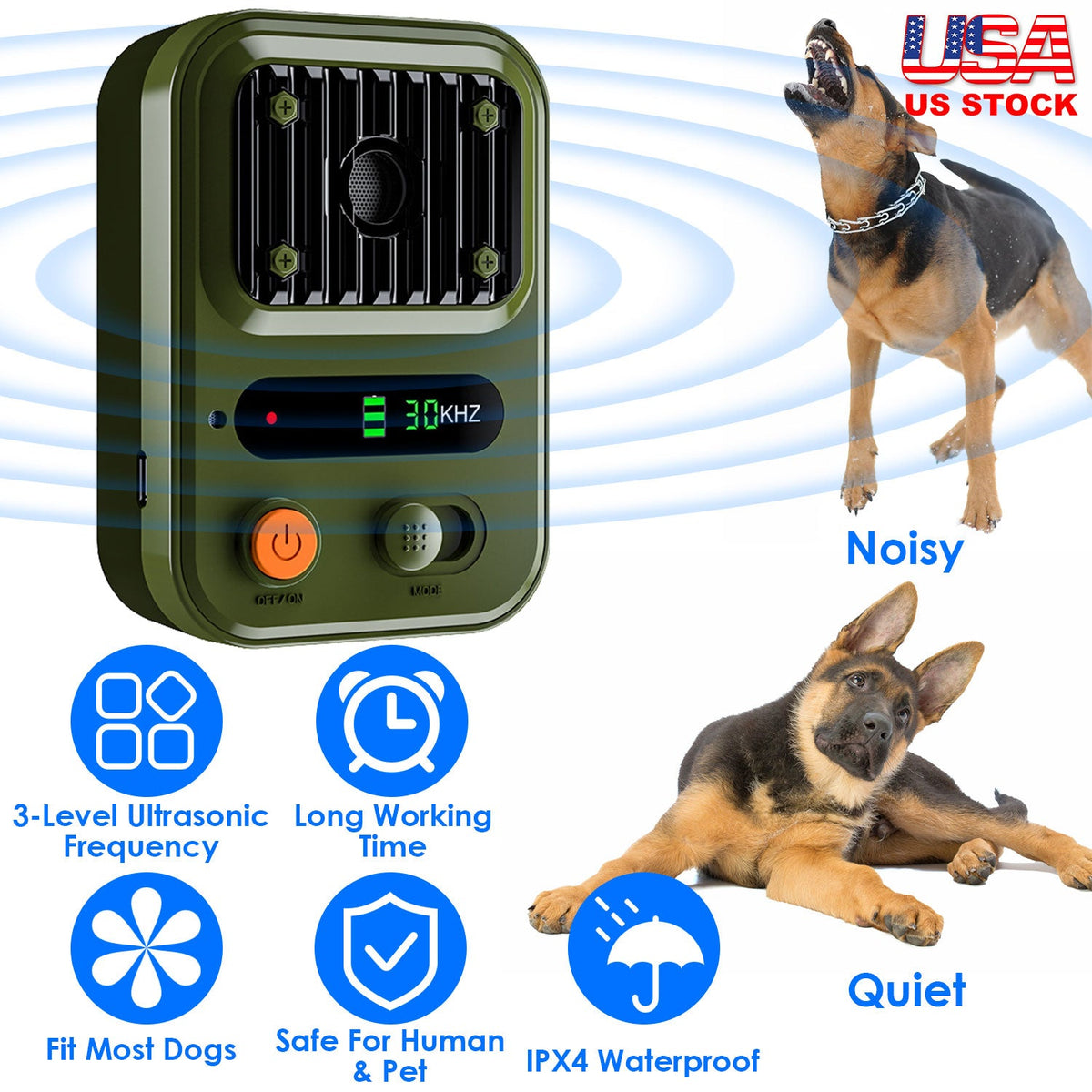 Ultrasonic Anti-Barking Device Rechargeable Auto Dog Bark Control Deterrent Box Training Device IPX4 Waterproof with 3 Frequency Max 32.8Feet Sensing