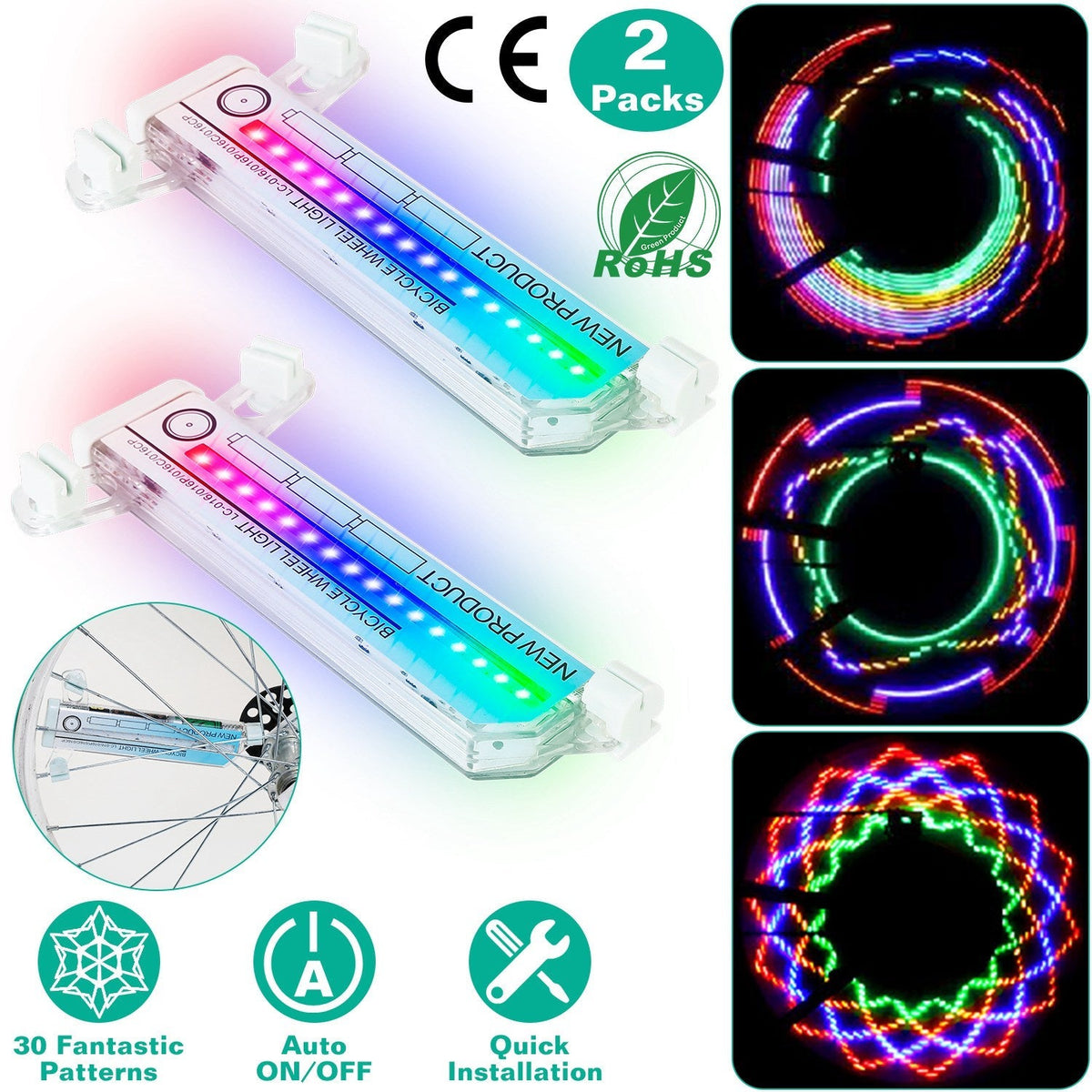 2Pcs 32LEDs Patterns Cycling Lights Rainbow Wheel Tire Flash Lamp Bicycle Colorful LED Wheel Spoke Signal Light w/ 30 Patterns