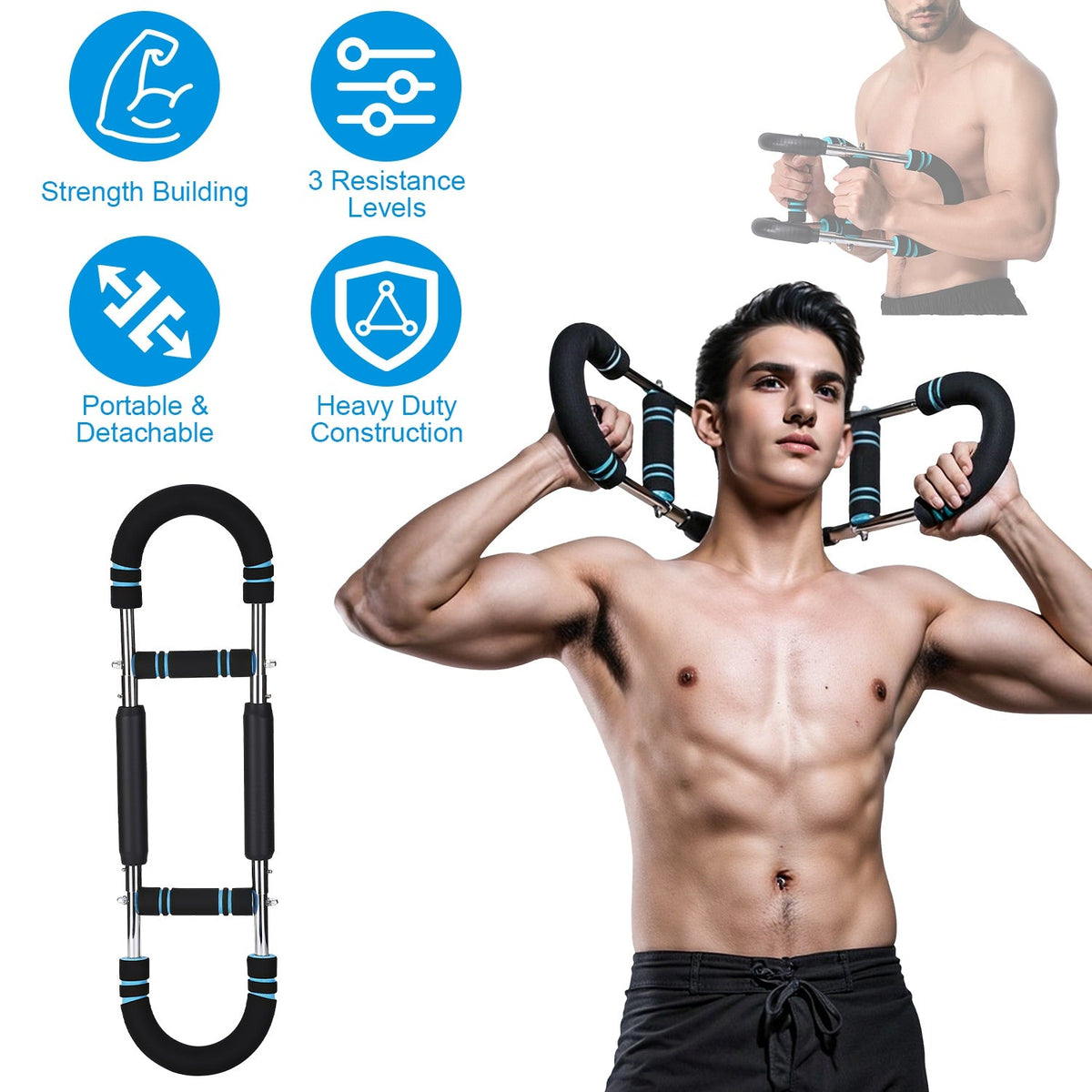 Adjustable Twister Arm Exerciser Spring Workout Bar Strength Enhancer for Men with 3 Resistance Levels 66-110LBS Chest Biceps Triceps Thighs Back Work