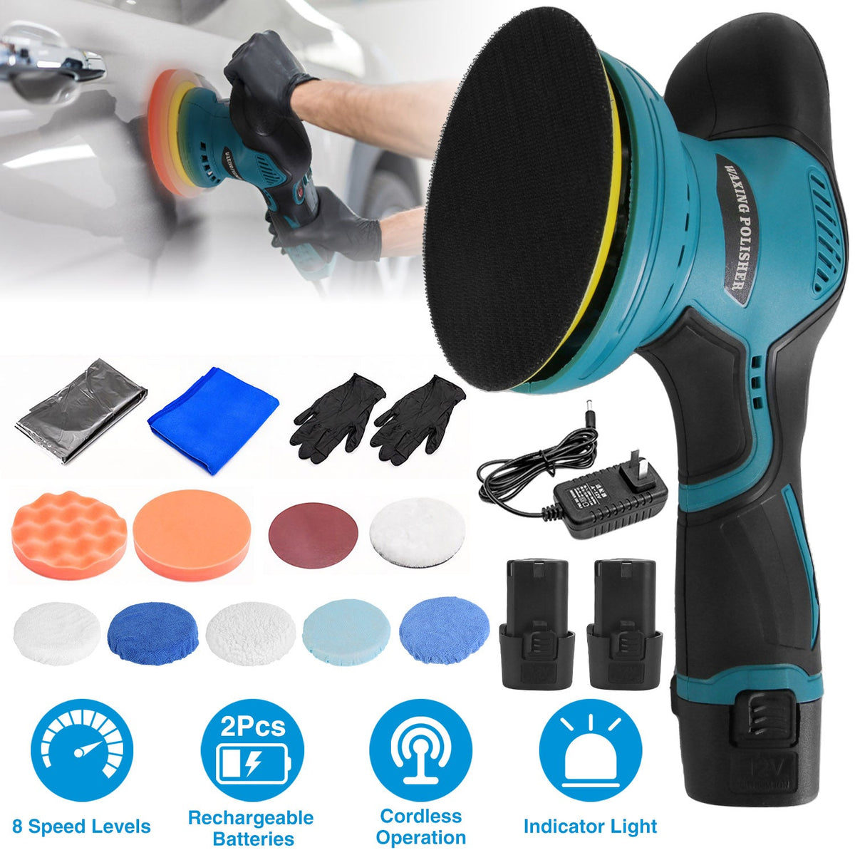 Cordless Car Buffer Polisher with 2Pcs 1500mAh Rechargeable Batteries 8 Speed Levels Wireless Polishing Waxer Machine Kit for Car Detailing