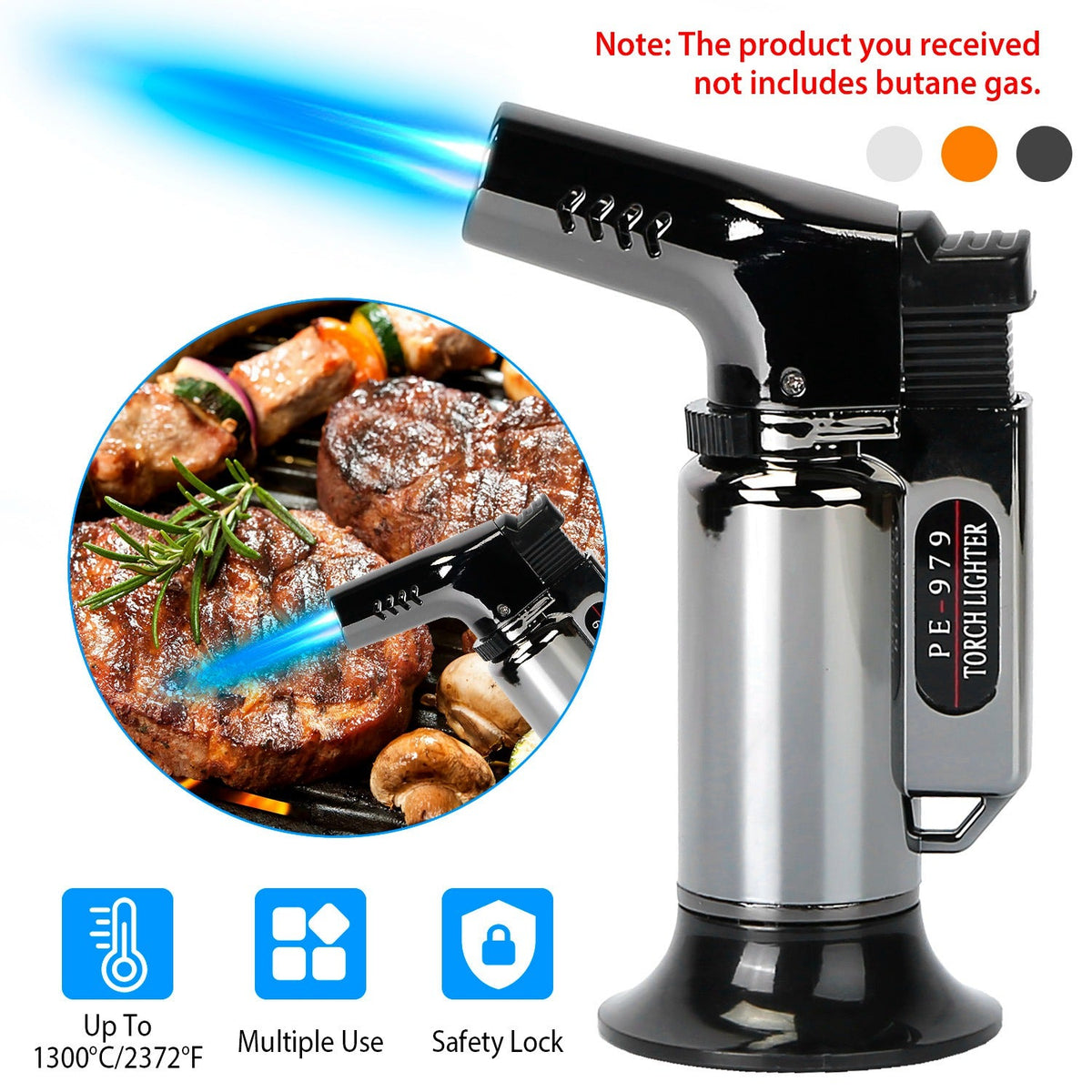 Culinary Butane Torch Lighter Refillable Blow Torch Flame Adjustable Flame Kitchen Cooking BBQ Torch w/ Fire Lock (Gas Not Included)